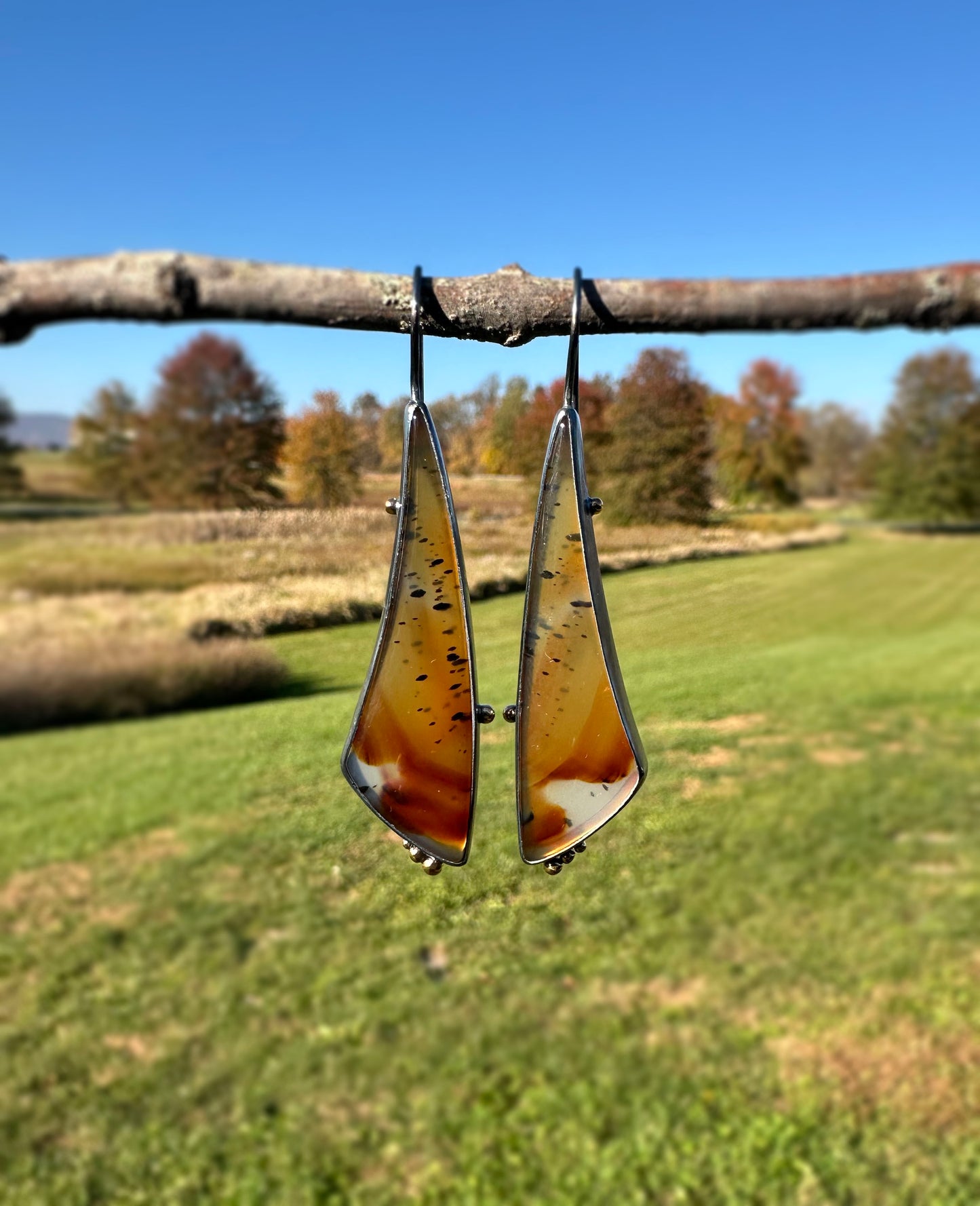 Montana Agate, 18k Gold and Sterling Silver Handmade Dangle Earrings