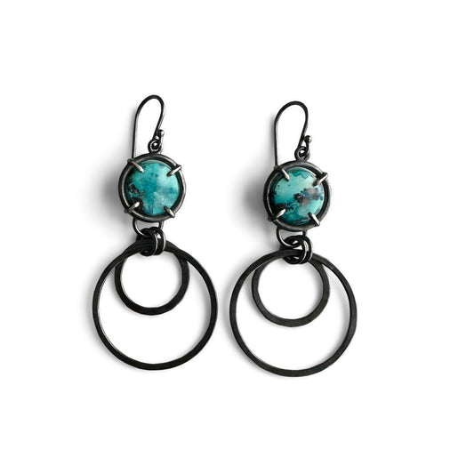 Shattuckite Chrysocolla and Sterling Silver Dangle Earrings