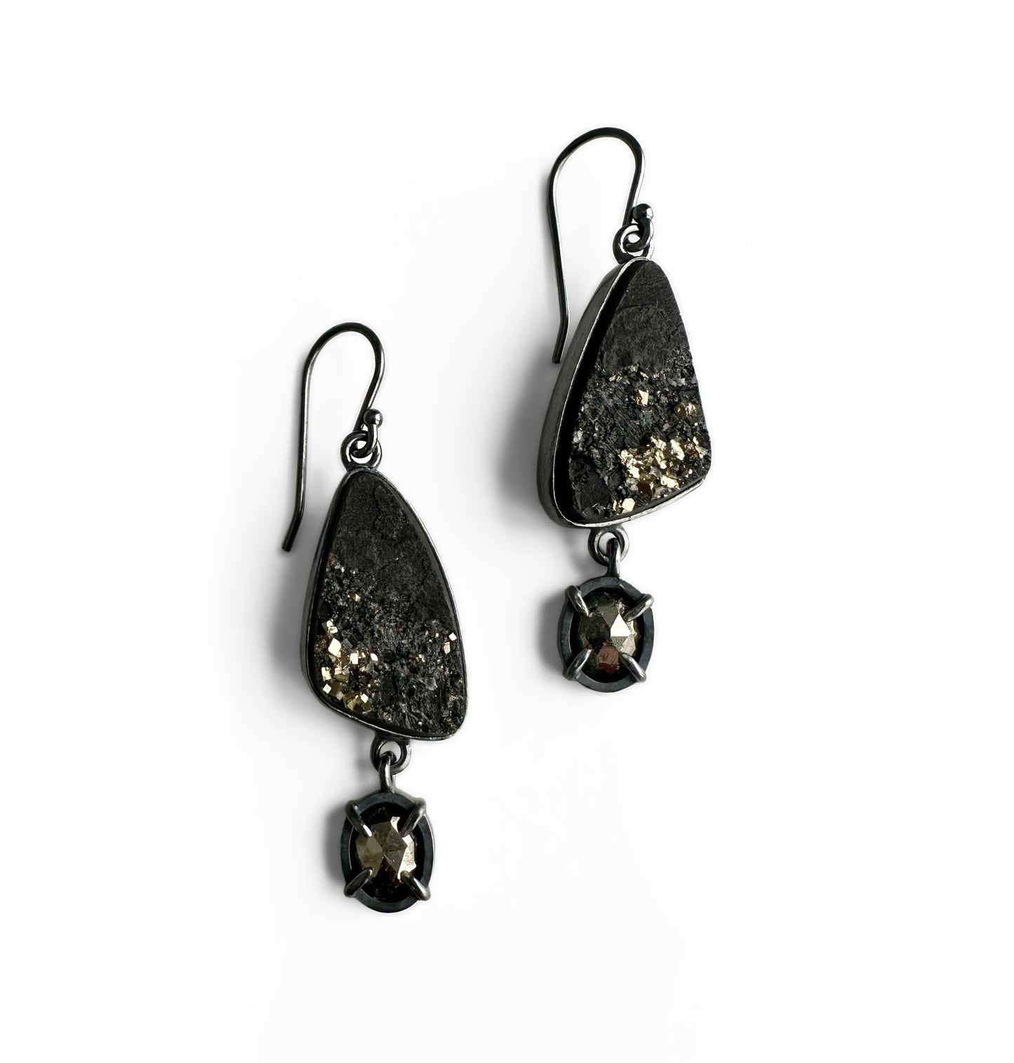 Pyrite in Slate, Pyrite, and Sterling Silver Dangle Earrings