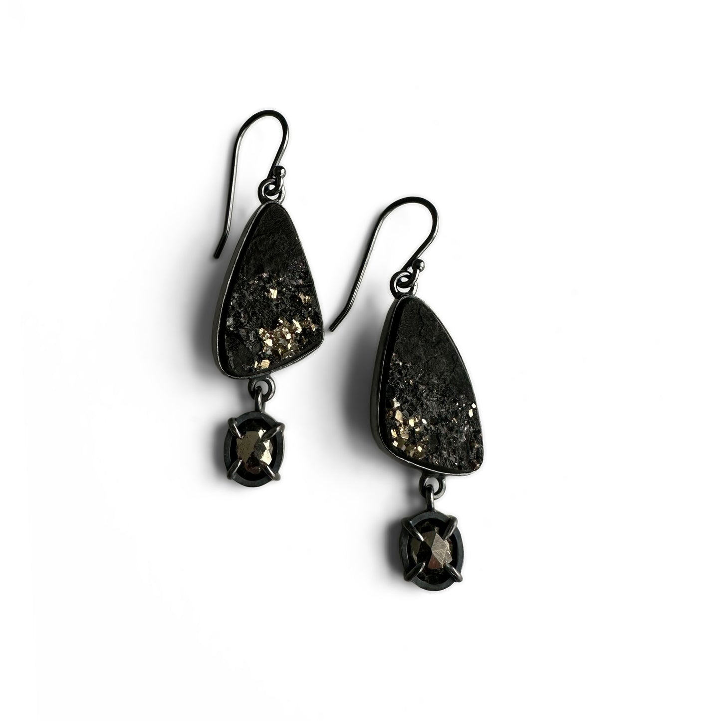 Pyrite in Slate, Pyrite, and Sterling Silver Dangle Earrings