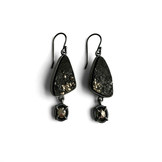 Pyrite in Slate, Pyrite, and Sterling Silver Dangle Earrings