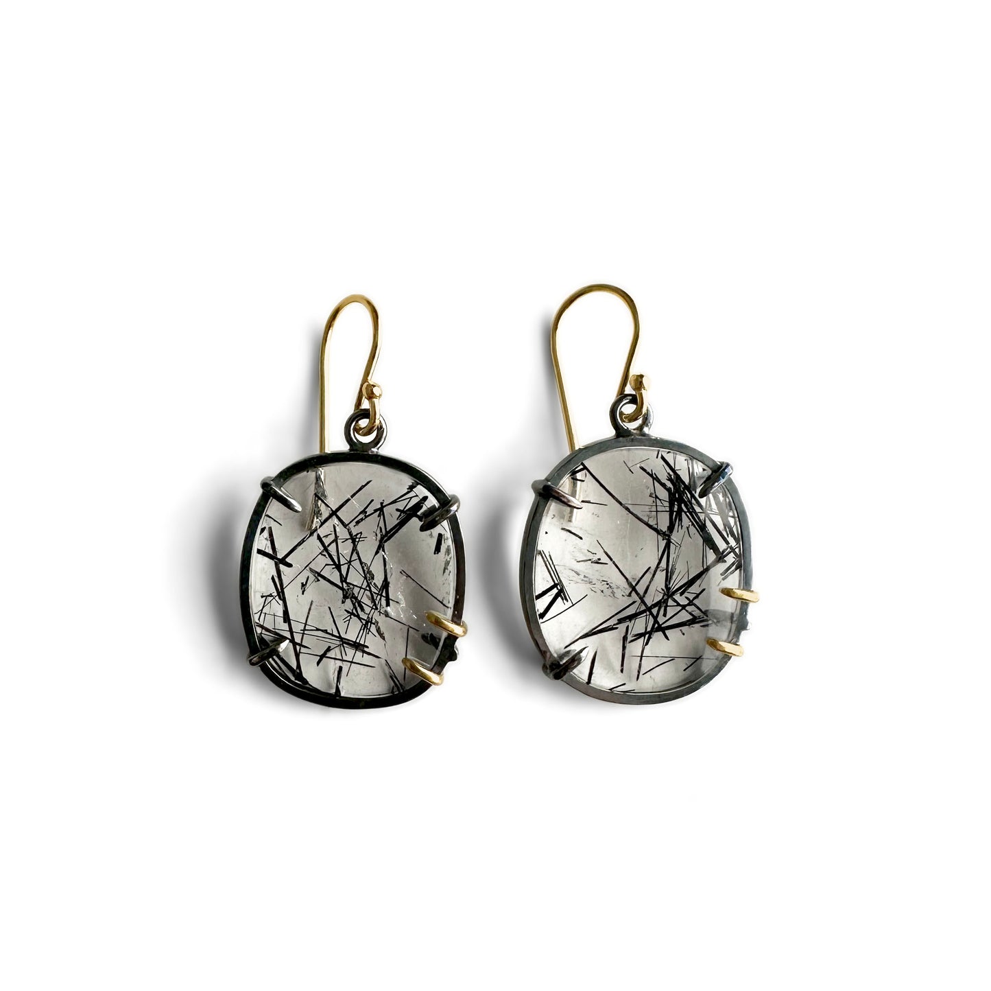 Tourmalinated Quartz, 18k Gold and Sterling Silver Dangle Earrings