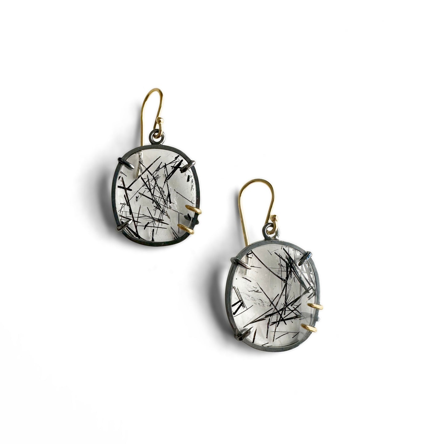 Tourmalinated Quartz, 18k Gold and Sterling Silver Dangle Earrings