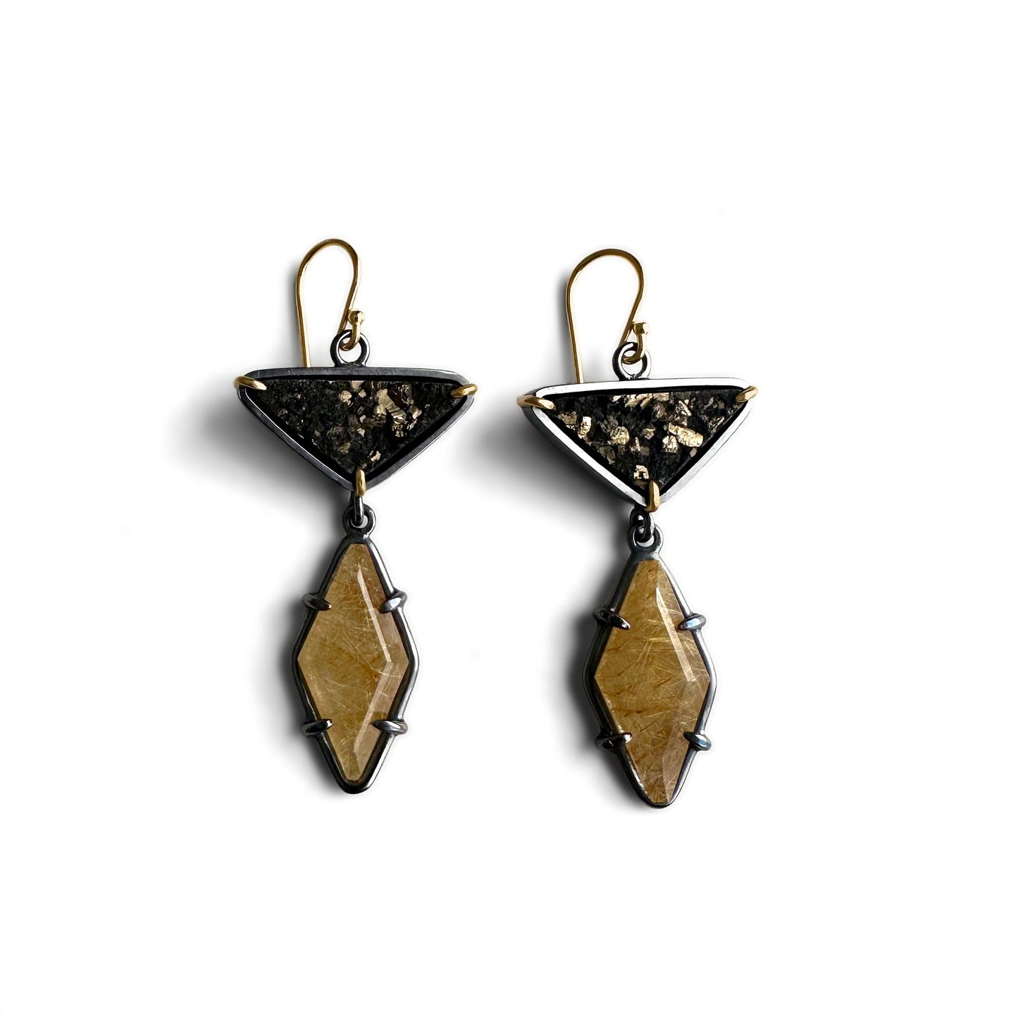 Pyrite in Slate, Rutilated Quartz, 18k gold and Sterling Silver Dangle Earrings