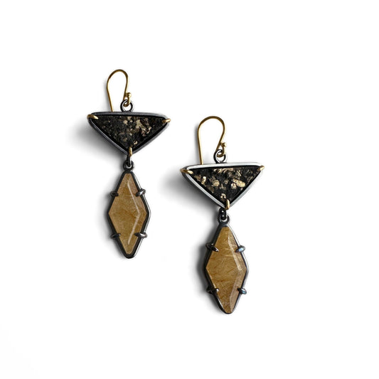 Pyrite in Slate, Rutilated Quartz, 18k gold and Sterling Silver Dangle Earrings