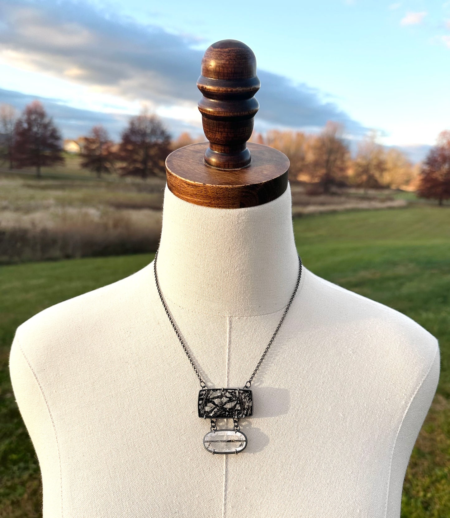 Black Tourmaline with Albite Quartz & Mica, Tourmalinated Quartz and Sterling Silver Pendant Necklace