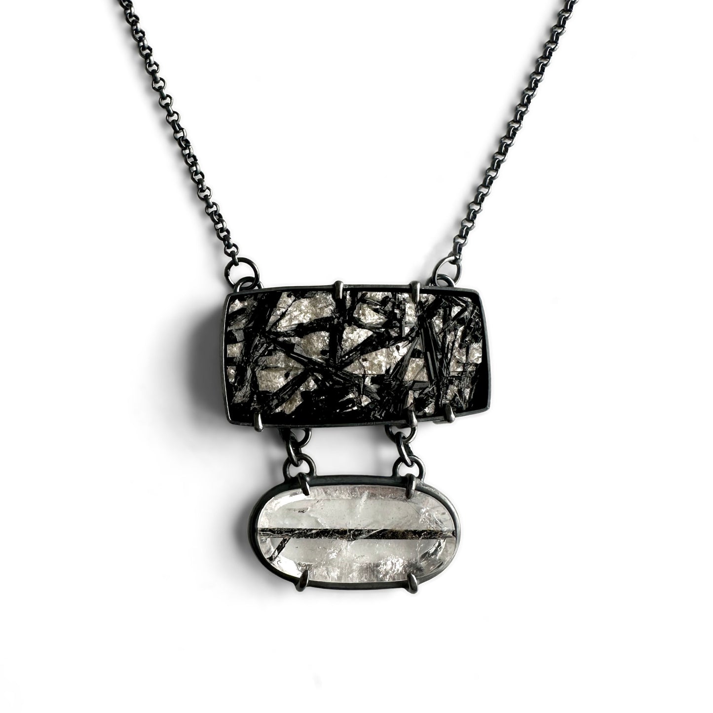 Black Tourmaline with Albite Quartz & Mica, Tourmalinated Quartz and Sterling Silver Pendant Necklace