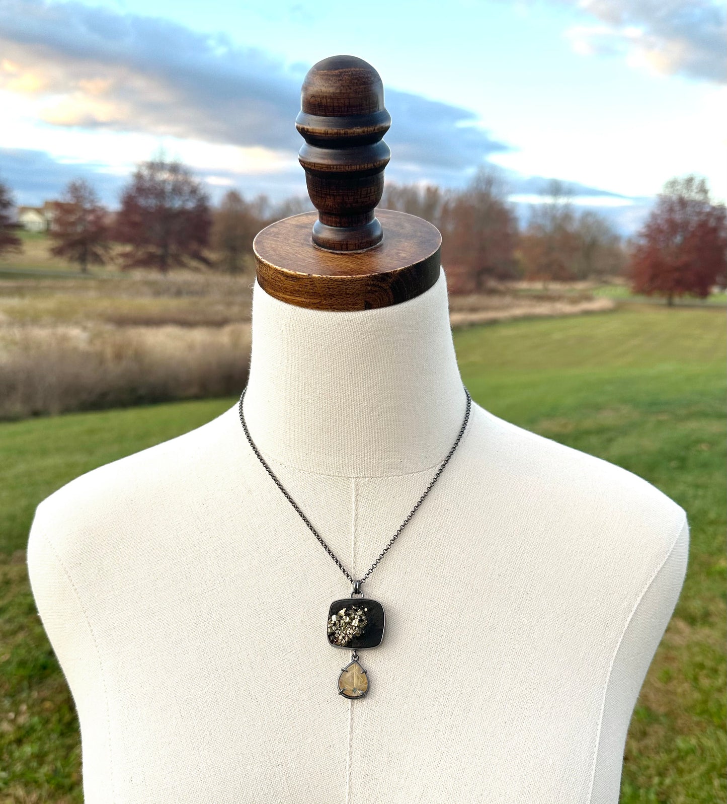 Star Rutilated Quartz, Pyrite in Slate and Sterling Silver Pendant Necklace