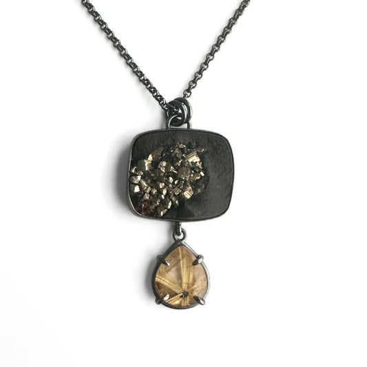 Star Rutilated Quartz, Pyrite in Slate and Sterling Silver Pendant Necklace